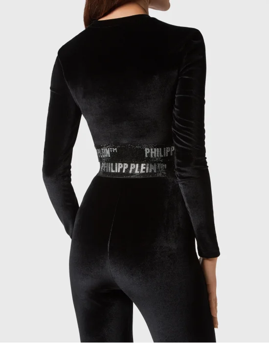 Long-sleeve Padded Shoulder Cropped Top Crystal