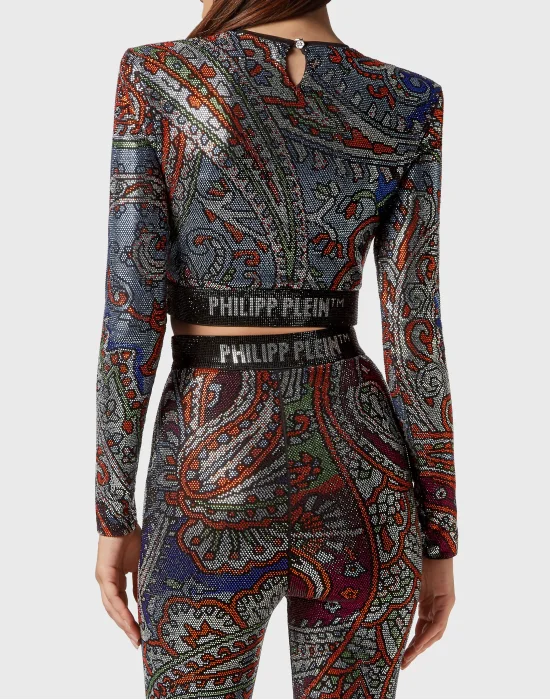 Long-sleeve Padded Shoulder Cropped Top Paisley