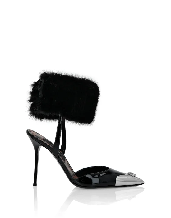 Patent Leather & Real Fur Decollete Mid-Heels Crystal Skull