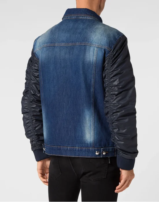 Denim Zipped Jacket With Nylon Sleeves Camouflage