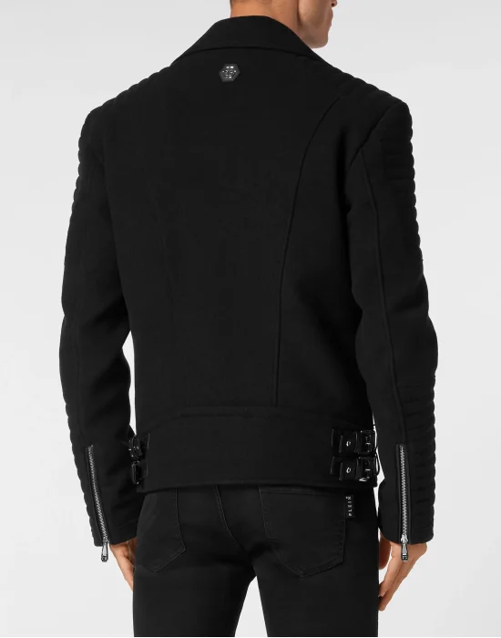 Wool Biker Jacket With Leather Padding