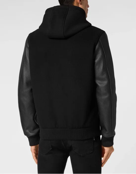 Hoodie Sweatjacket with Leather Sleeves