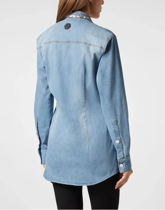 Crystal Collar Denim Shirt LS