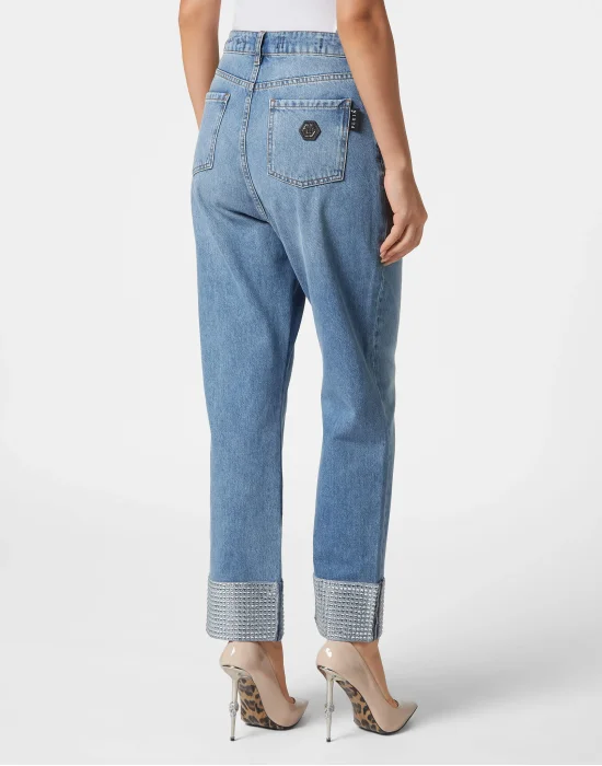 Denim Trousers Strass Loose Fit Heart