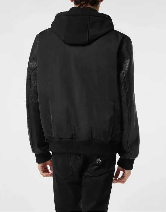 Nylon & Leather Varsity Bomber Hooded Jacket