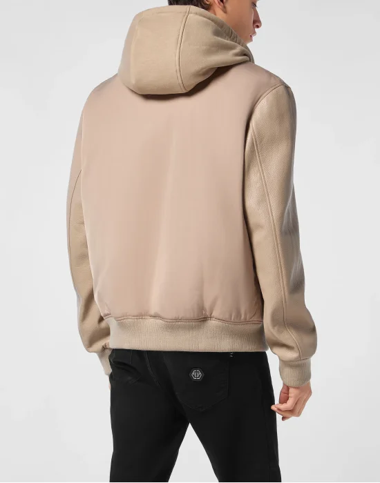 Nylon & Leather Varsity Bomber Hooded Jacket