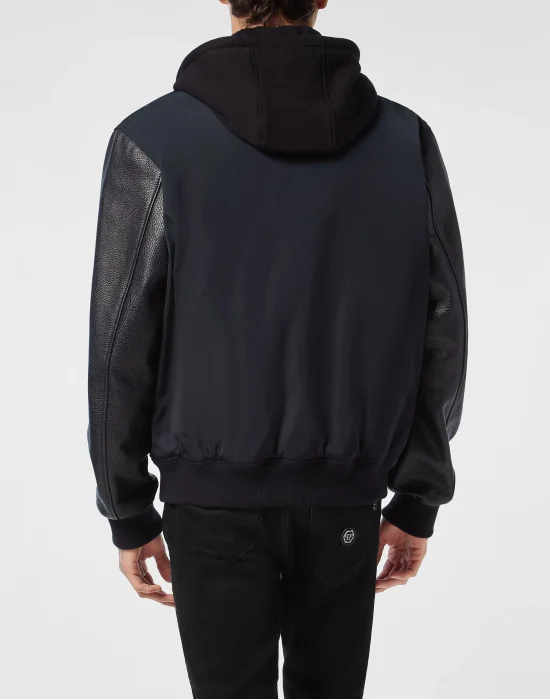 Nylon & Leather Varsity Bomber Hooded Jacket