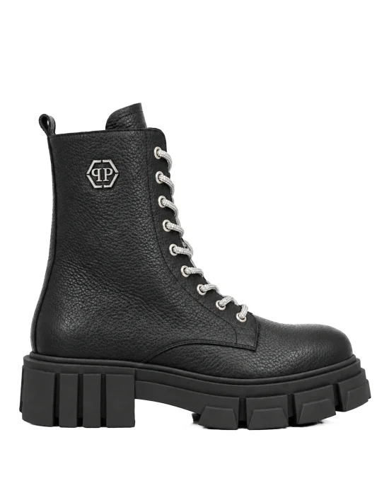 Leather Boots Deer Print Laces Strass