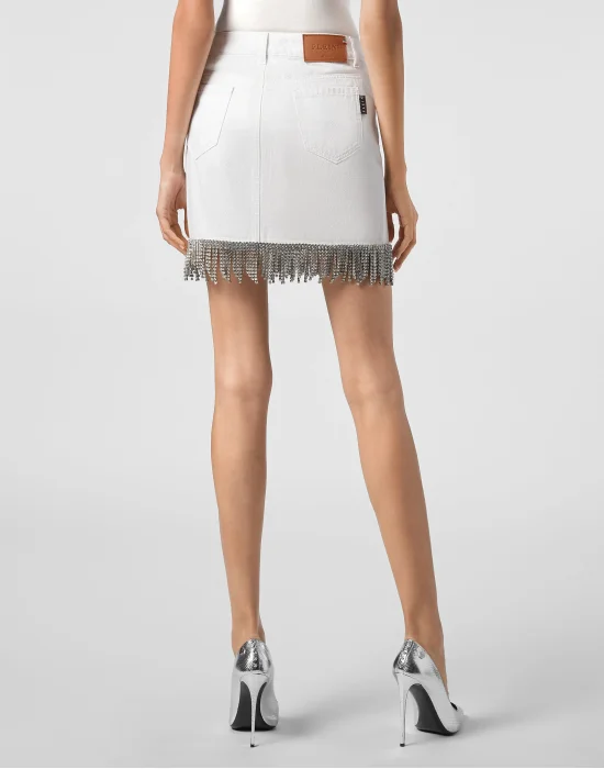 Denim Skirt Crystal Fringe