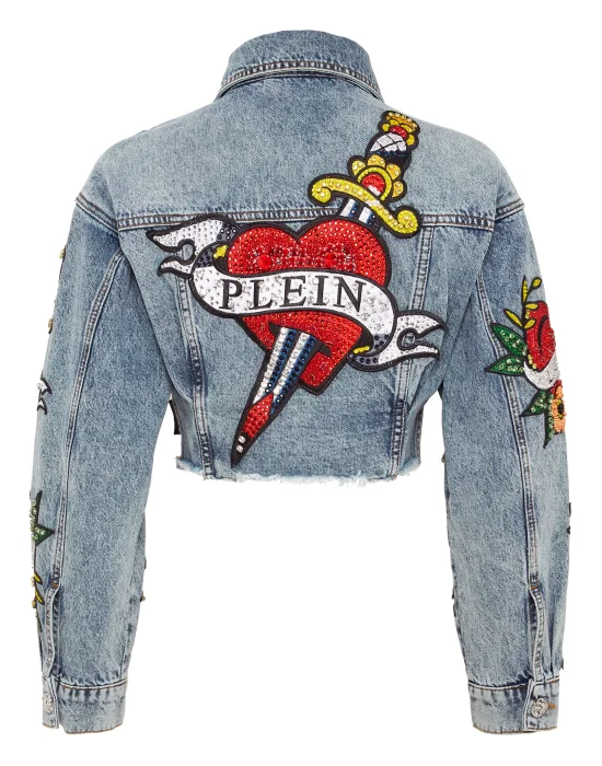 CROPPED DENIM JACKET LOVE CRYSTALS