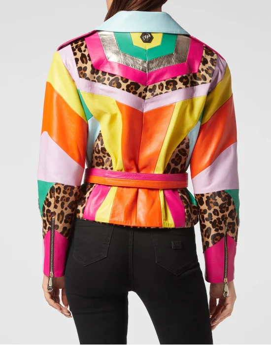 Oversize Biker Leather Jacket Rainbow Patchwork