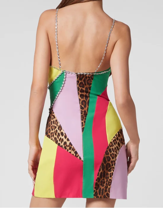 Satin Mini Dress Rainbow Patchwork