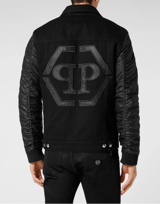 Denim Regular Jacket with Nylon Sleeves Hexagon