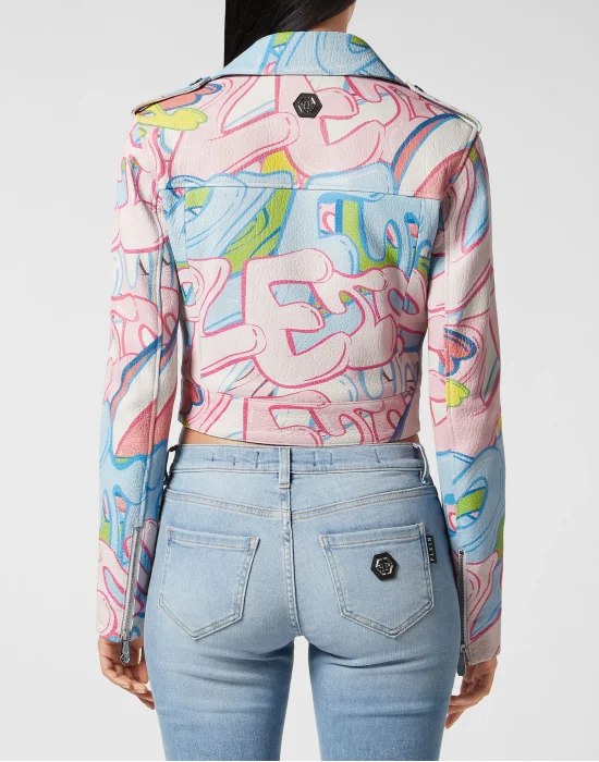 Cropped Boxy Biker Jacket Bombing Graffiti