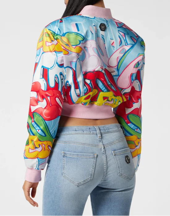 Satin Cropped Bomber Bombing Graffiti
