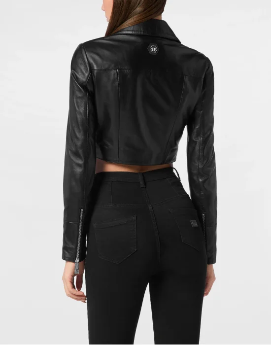 Cropped Leather Biker Jacket LS Flame Racing
