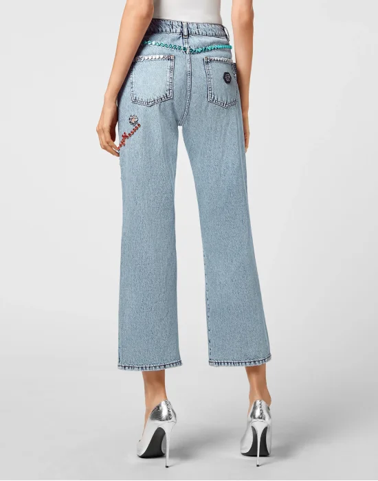 Denim Trousers Super Loose Fit Studs with Crystals