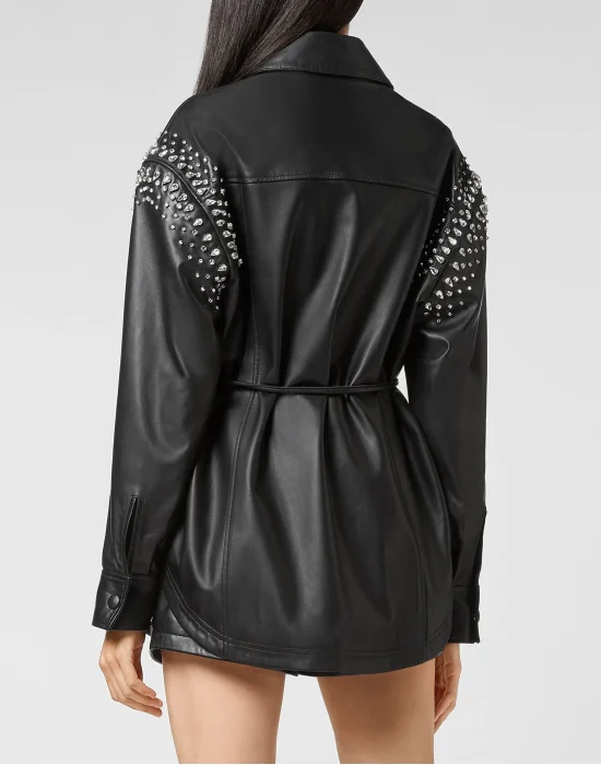 Leather Shirt Dress with Crystals