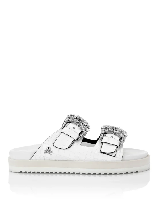 Leather Sandals Crocco Print Skull