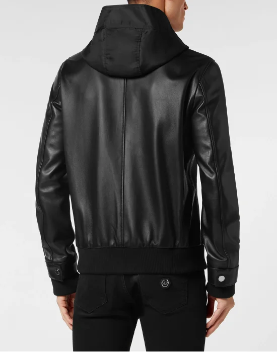 Leather Hooded Bomber with Satin Inserts