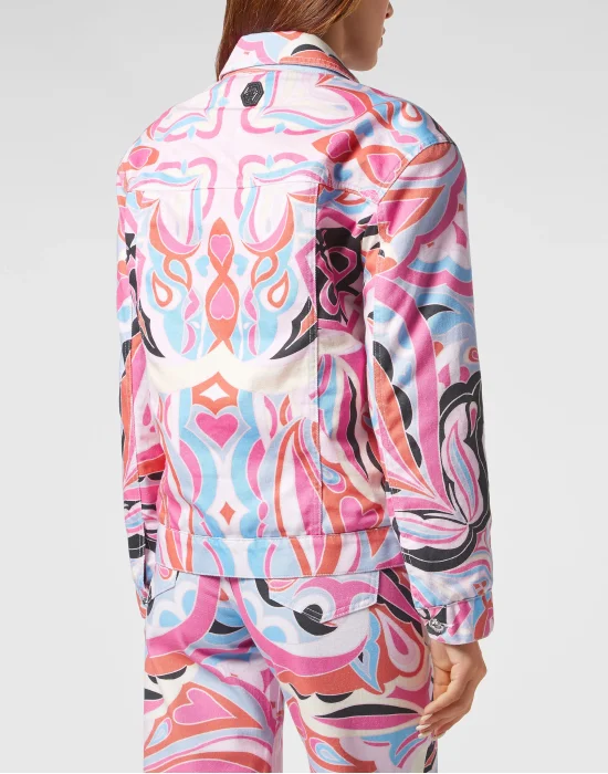 Denim Shoulder Padded Jacket Colorful Circus