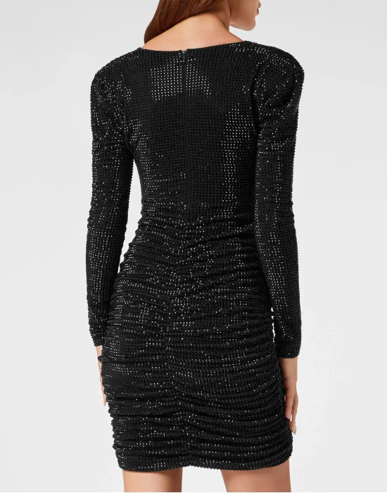 Padded Shoulder Mini Dress LS Fluo Strass