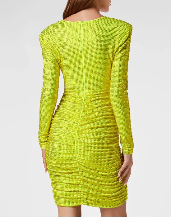 Padded Shoulder Mini Dress LS Fluo Strass