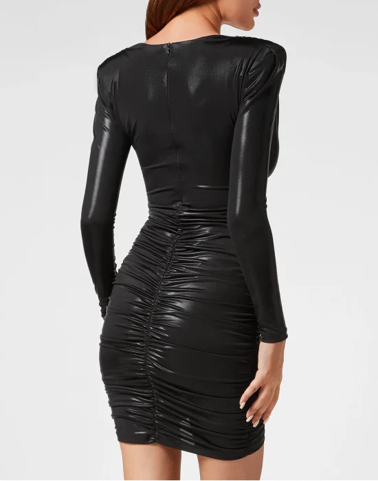 Padded Shoulder Lame Mini Dress