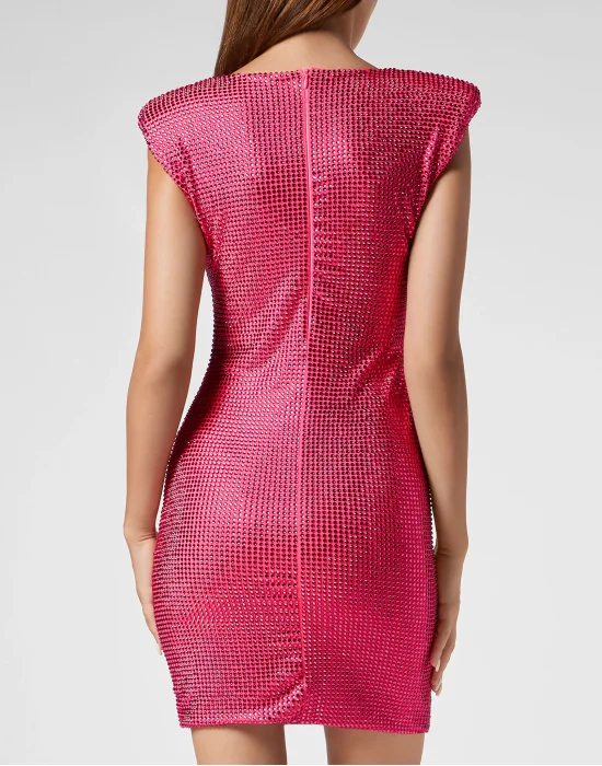 Padded Shoulder Mini Dress Fluo Strass