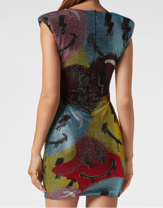 Padded Shoulder Mini Dress with Crystals Smile