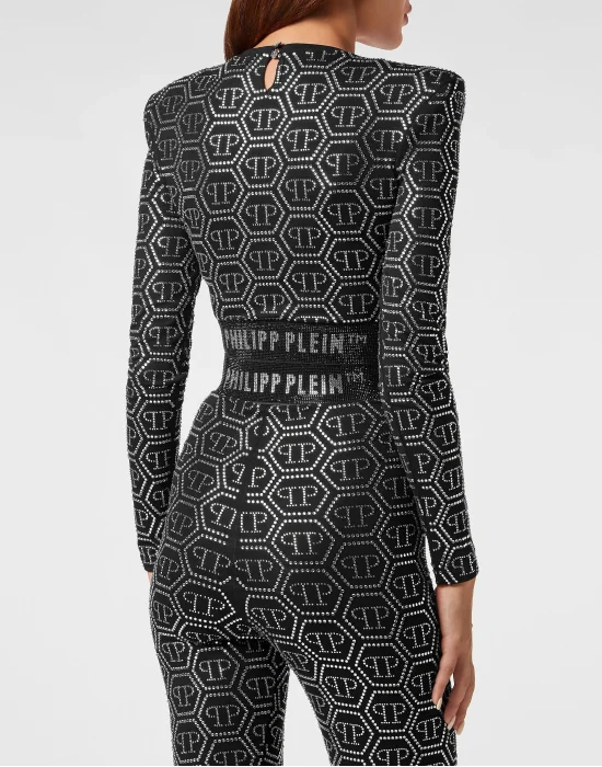 Padded Shoulder Cropped Top LS Monogram Strass