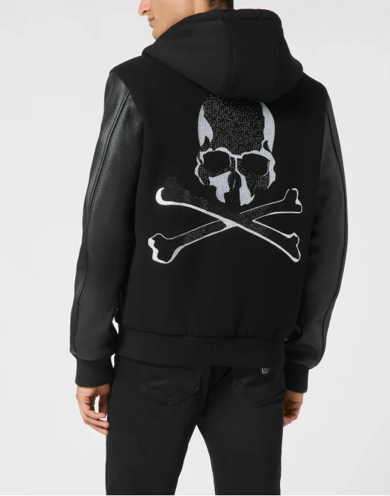 Hoodie Sweatjacket With Leather Sleeves Skull&Bones