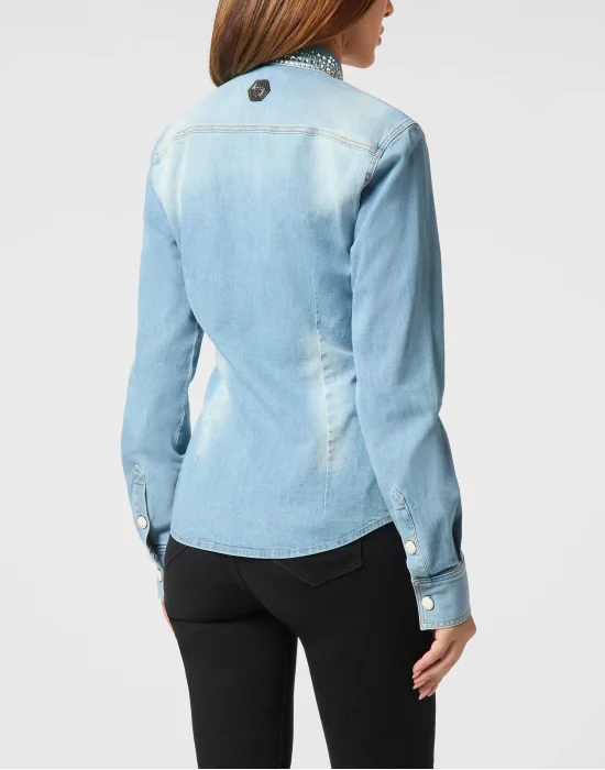 Denim Shirt Long-Sleeve With Crystal Collar