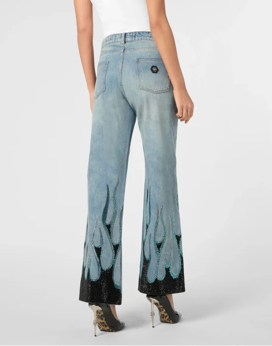 Denim Skater Fit Trousers Strass Flame