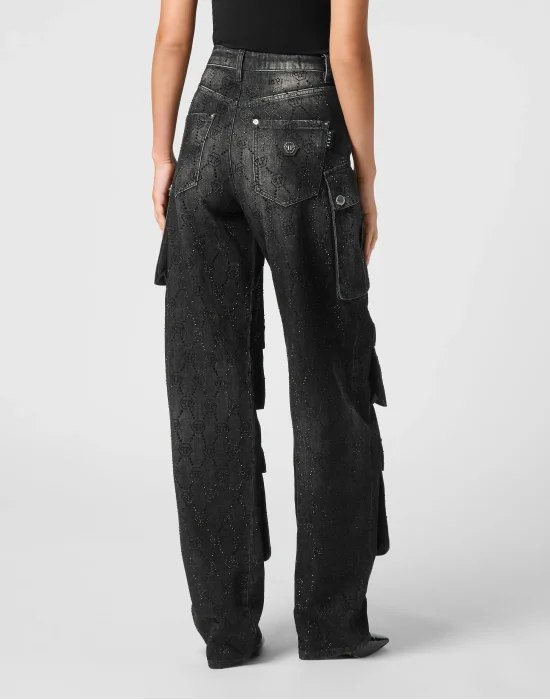 Denim Cargo Trousers Monogram Strass