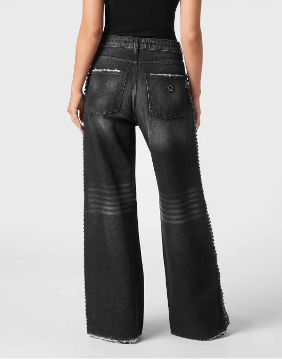 Denim Skater Fit Trousers Rib Strass