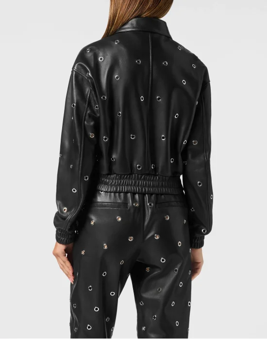Leather Eyelet Bomber Jacket LS