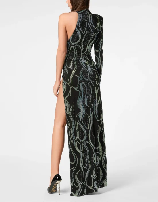 Jersey Strass Long Dress Mono Sleeve Flame