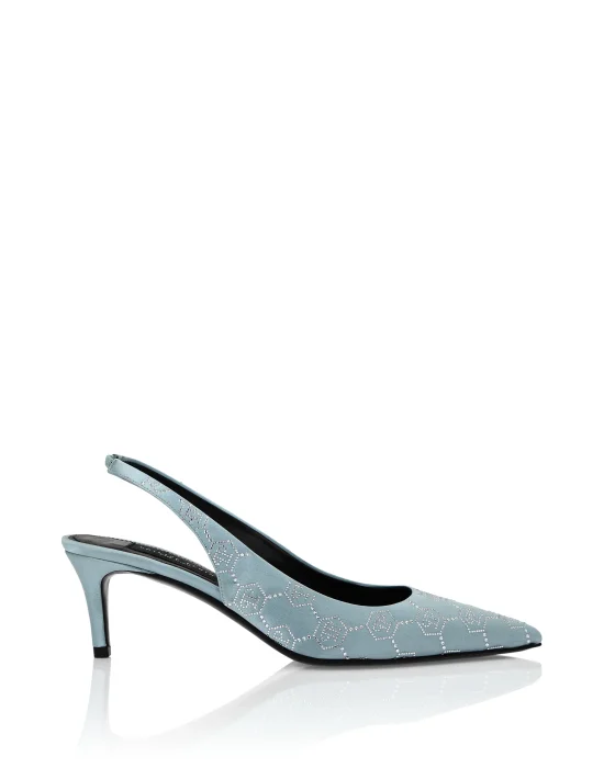 Satin Slingback Shoes Low Heels Monogram Strass