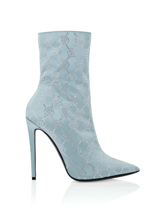 Satin Boots High Heels Mid Monogram Strass