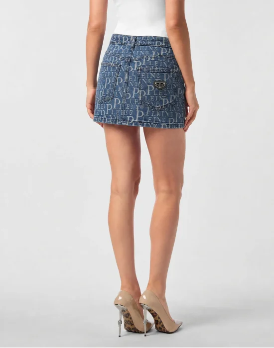 Denim Mini Skirt Diagonal Logo Laser